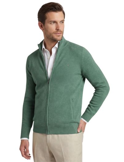 Portofino Portofino vest extra lange fit opstaande kraag groen rits effen katoen