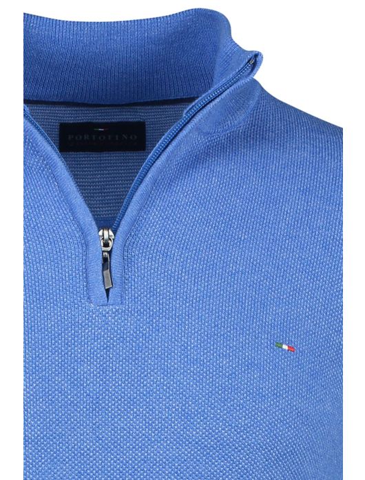 Portofino trui extra lange mouwlengte opstaande kraag blauw effen katoen