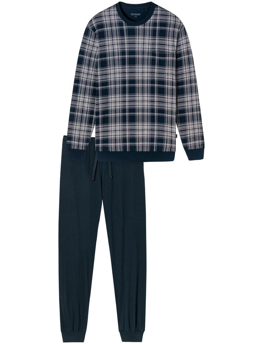 Donkerblauw heren pyjama geruit Schiesser