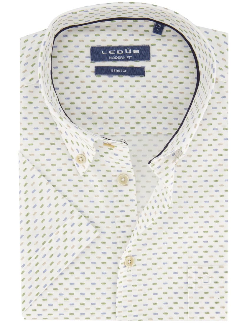 Ledub overhemd korte mouw Ledûb Modern Fit New wit geprint katoen met borstzak
