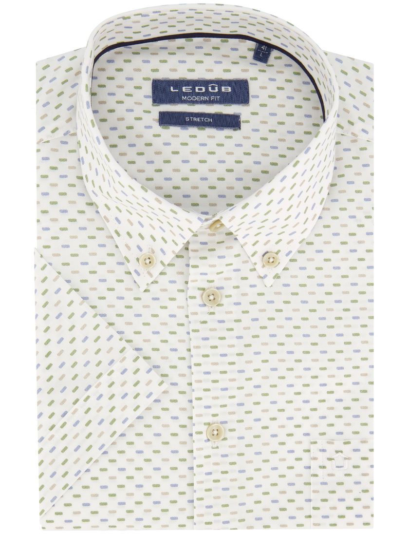Ledub overhemd korte mouw Ledûb Modern Fit New wit geprint katoen met borstzak