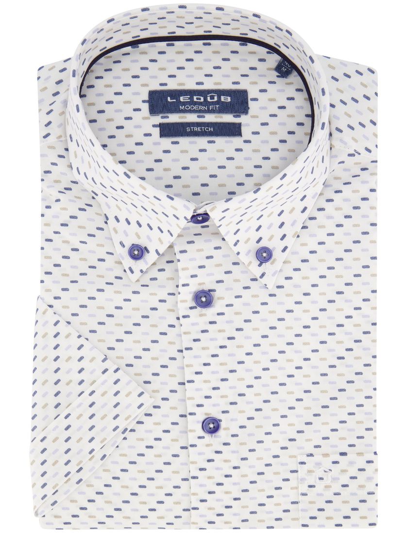 Ledub overhemd korte mouw Modern Fit normale fit wit met print katoen
