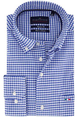 Portofino Portofino Regular Fit overhemd wijde fit blauw geruit katoen casual