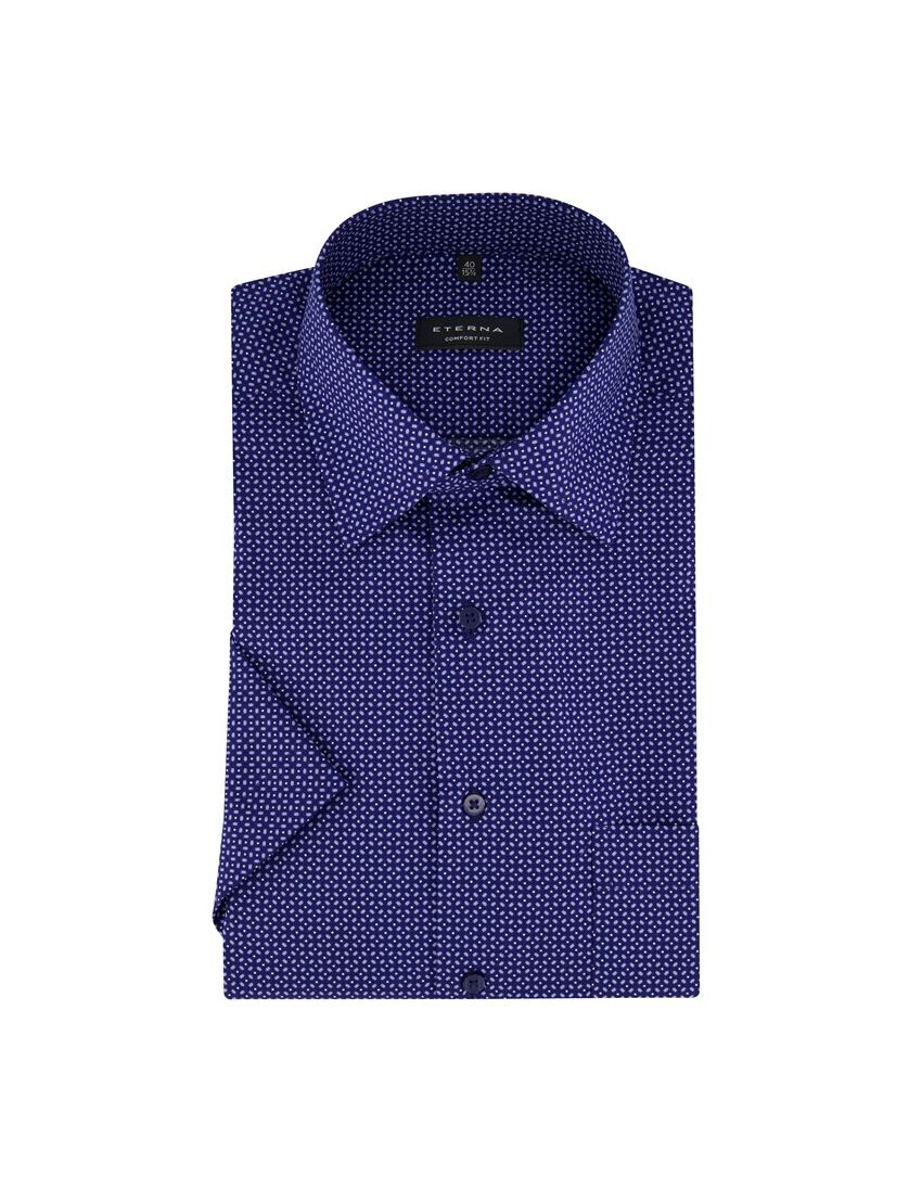 Eterna overhemd korte mouw wijde fit donkerblauw geprint katoen