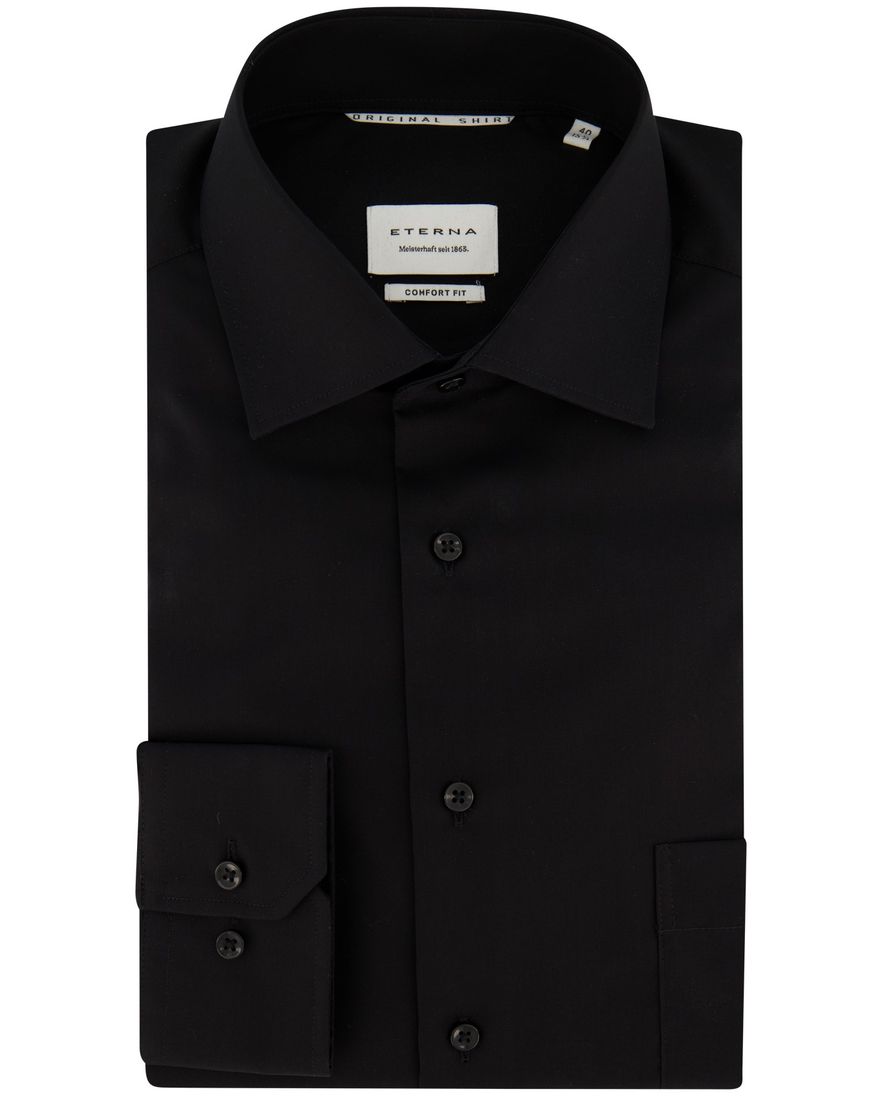 Eterna overhemd wijde fit zwart effen katoen borstzak