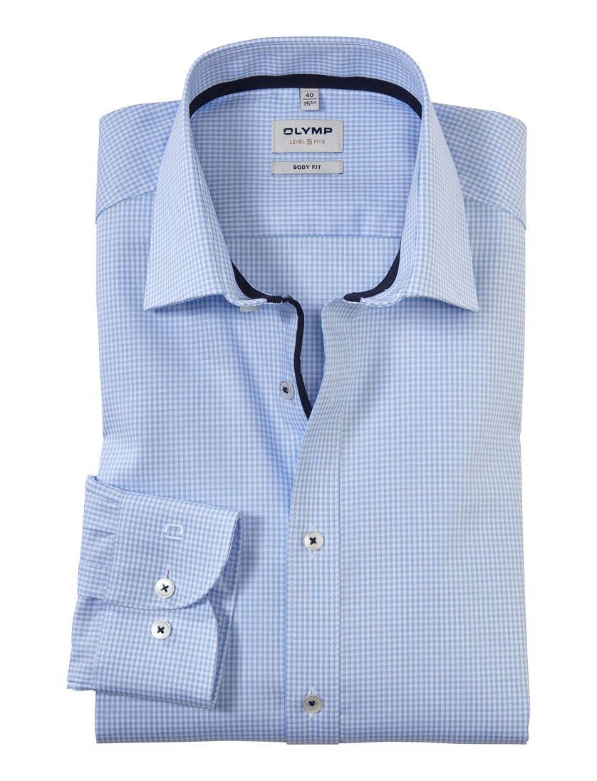 Olymp overhemd lichtblauw wit geruit Body Fit