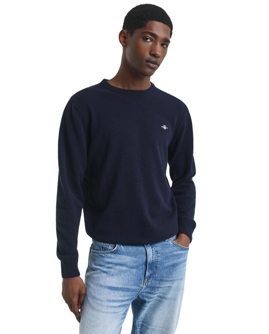 Gant trui ronde hals donkerblauw effen lamswol normale fit