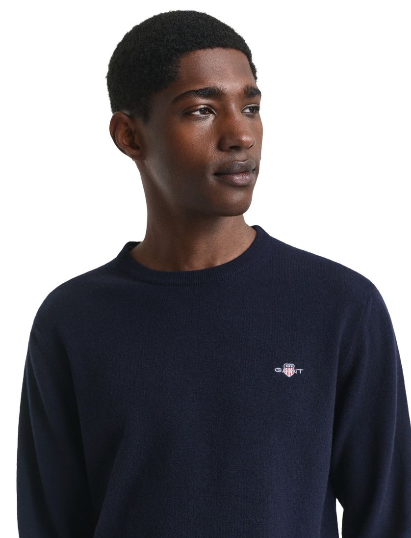 Gant gebreide trui donkerblauw effen lamswol ronde hals