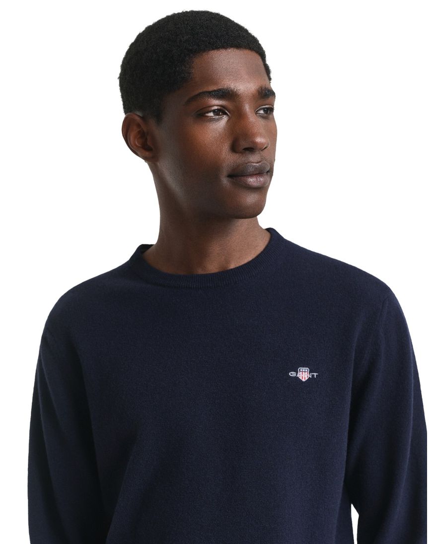 Gant trui ronde hals donkerblauw effen lamswol normale fit