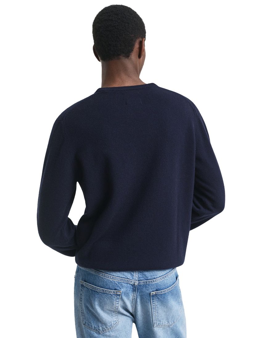 Gant trui ronde hals donkerblauw effen lamswol normale fit