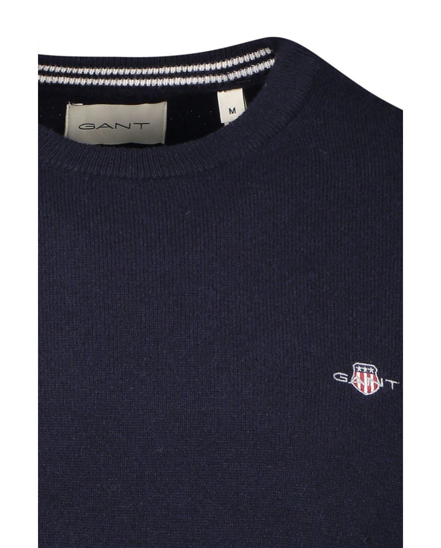 Gant trui ronde hals donkerblauw effen lamswol normale fit