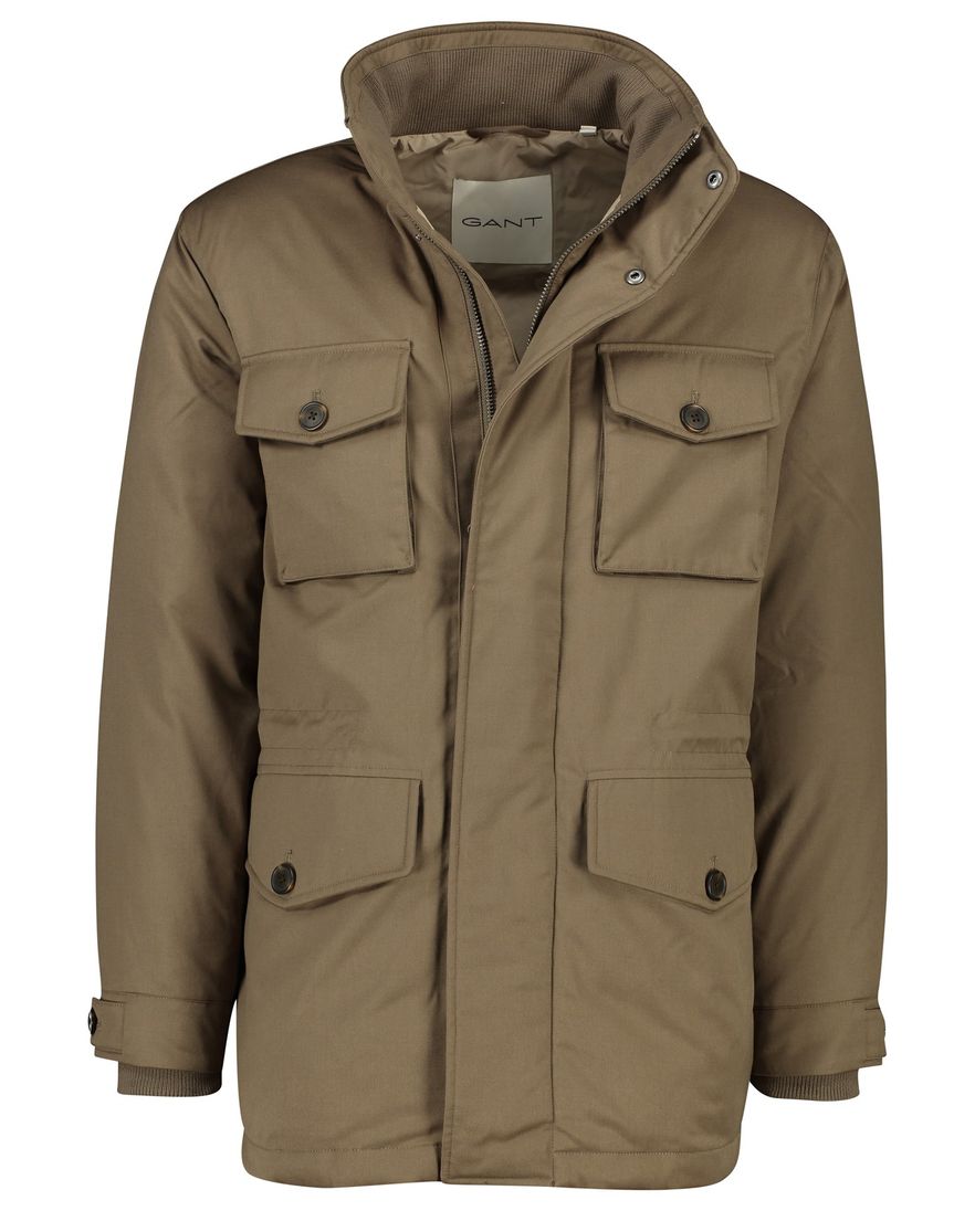Gant halflange winterjas bruin effen rits + knoop normale fit