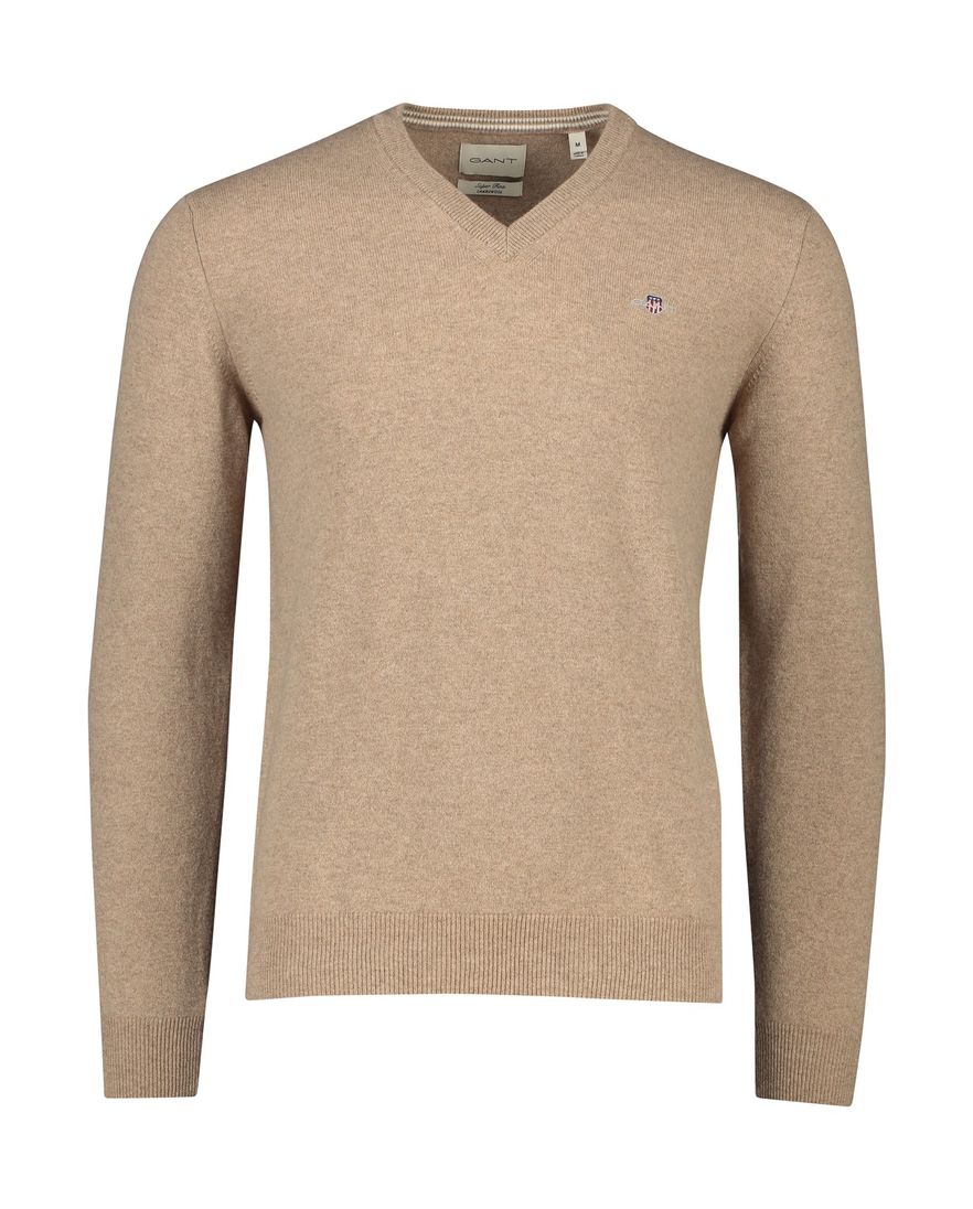Gant trui v-hals beige effen lamswol met logo