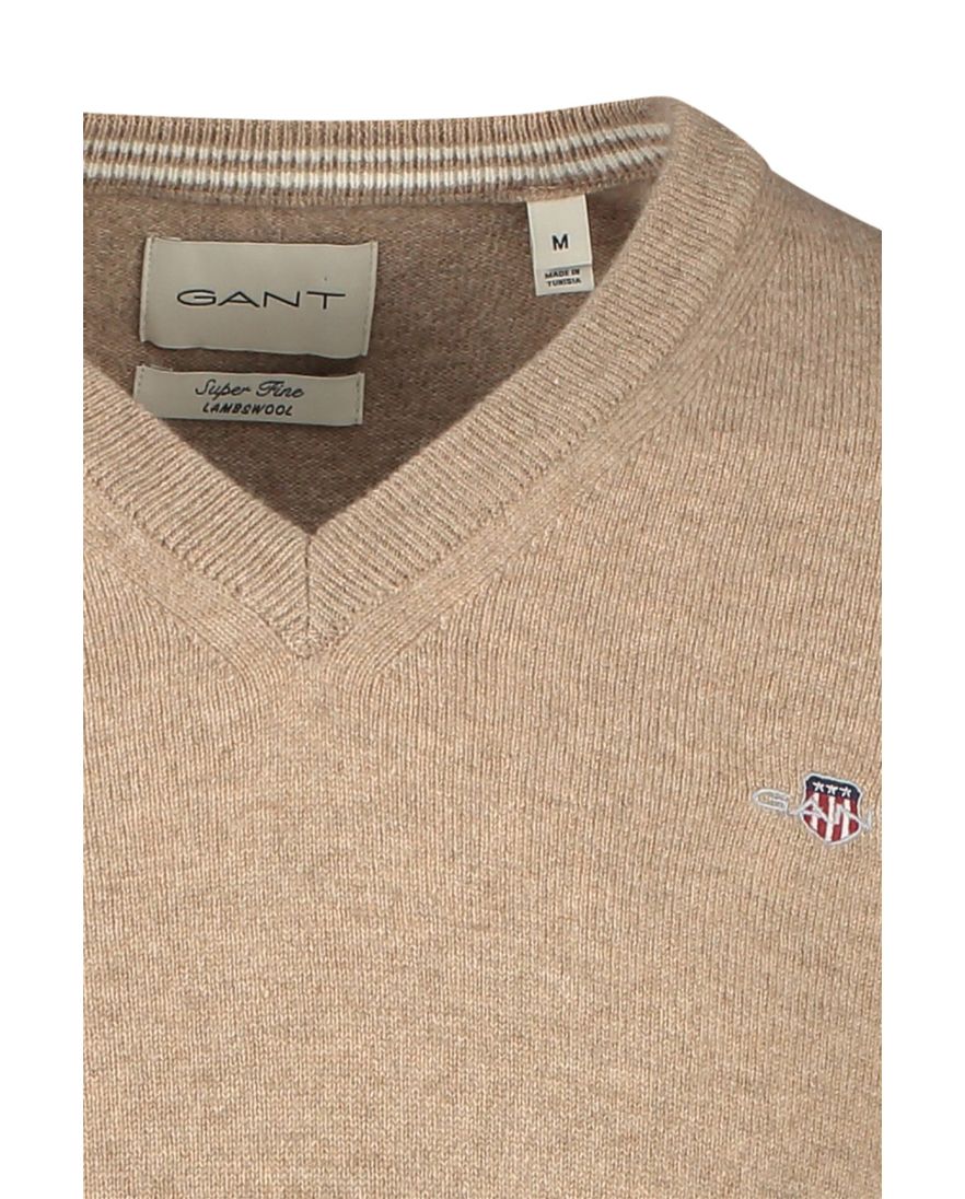 Gant trui v-hals beige effen lamswol met logo