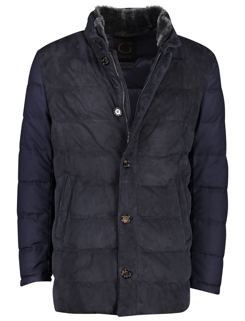 Leren Gimos winterjas donkerblauw rits + knoop normale fit