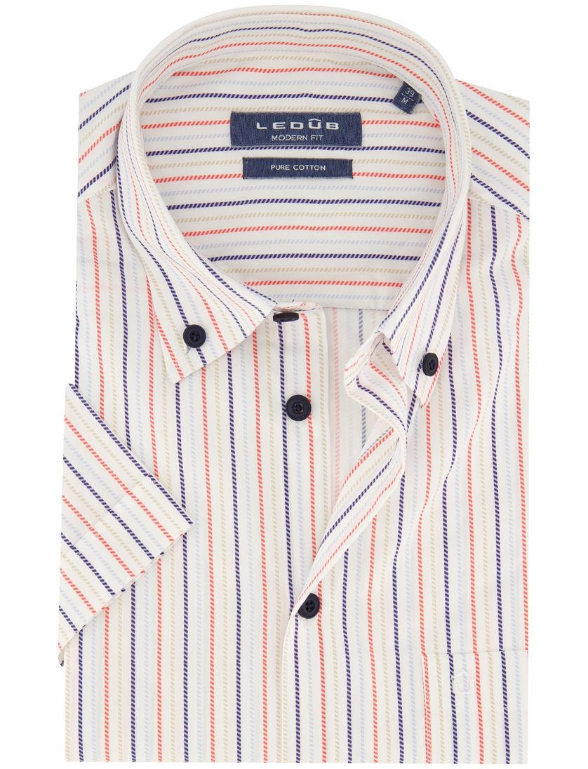 Ledub modern fit overhemd korte mouw wit gestreept katoen