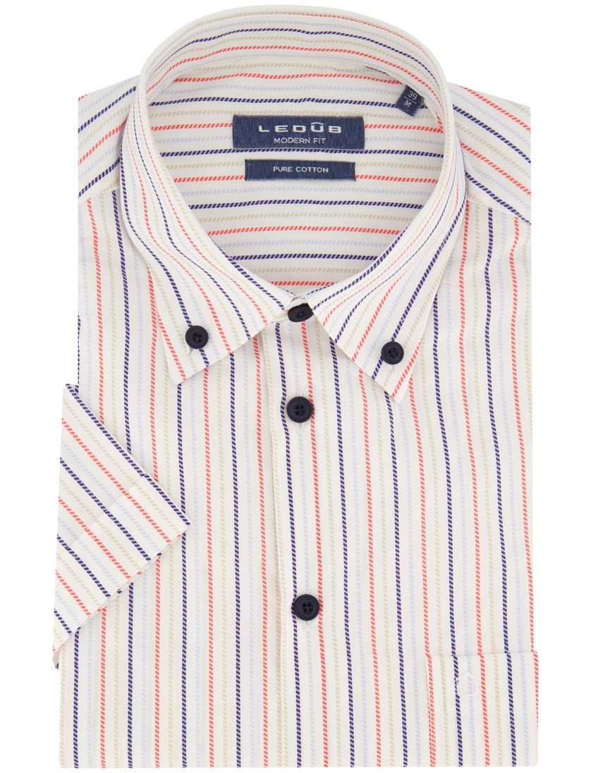 Ledub modern fit overhemd korte mouw wit gestreept katoen