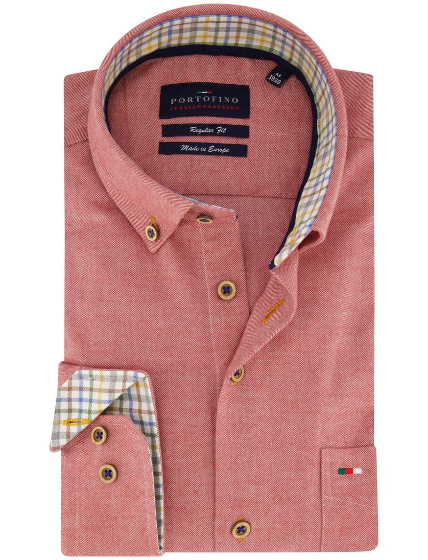 Portofino casual overhemd wijde fit rood effen bruine knopen katoen