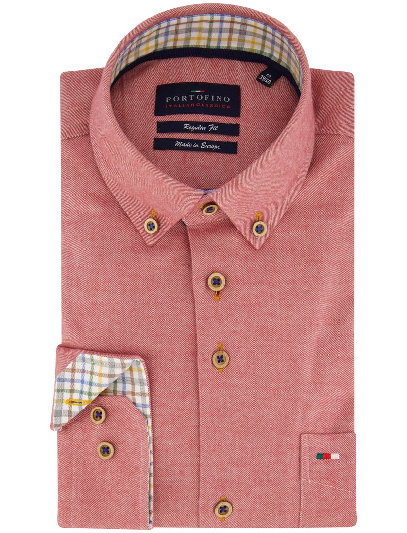 Portofino casual overhemd wijde fit rood effen bruine knopen katoen