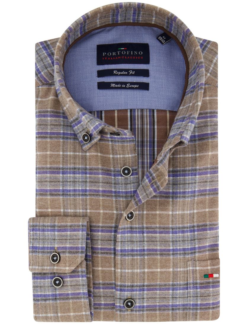 Portofino casual overhemd wijde fit bruin geruit zwarte knopen katoen