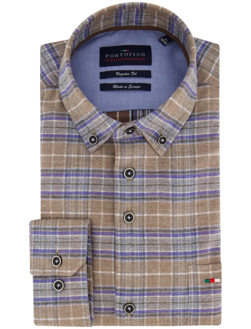 Portofino casual overhemd wijde fit bruin geruit zwarte knopen katoen