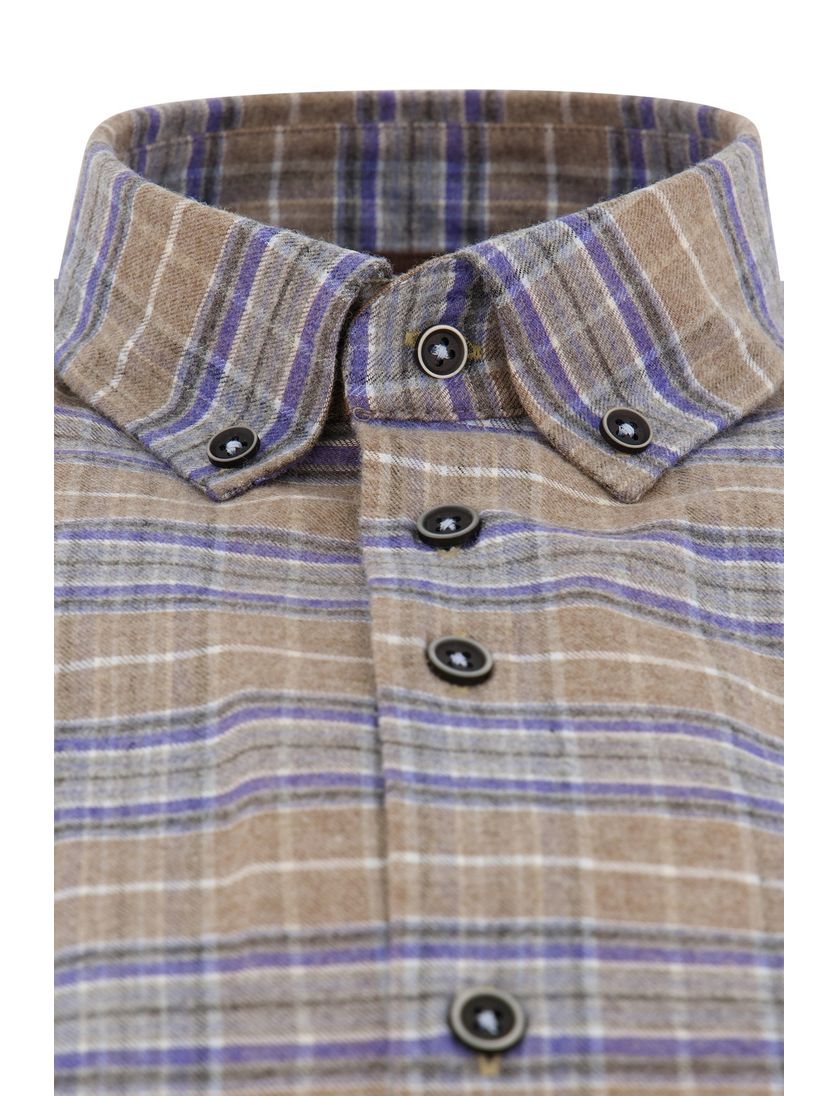 Portofino casual overhemd wijde fit bruin geruit zwarte knopen katoen