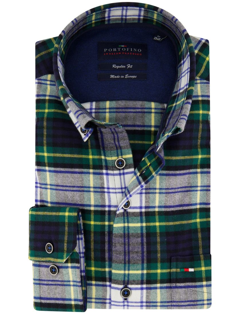 Portofino casual overhemd wijde fit donkerblauw geel groen geruit katoen