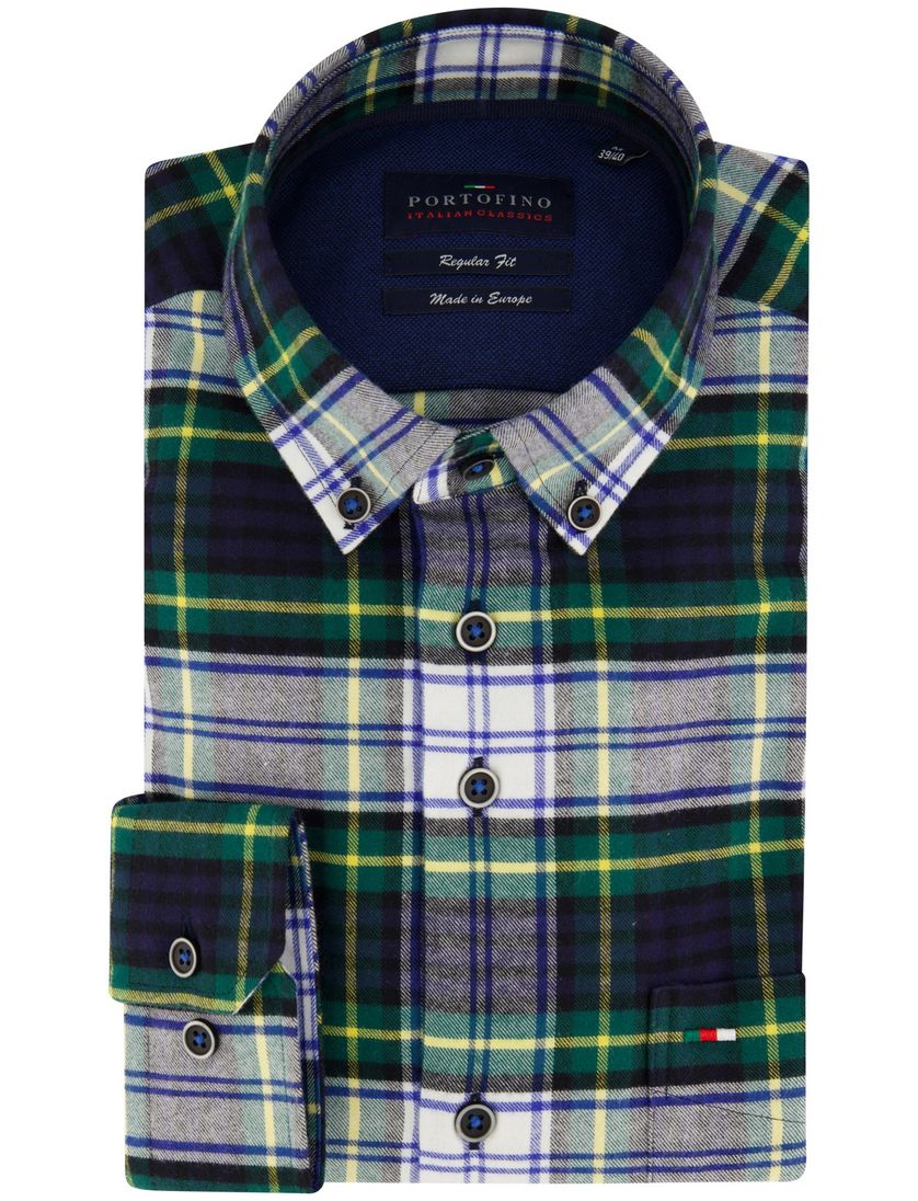 Portofino casual overhemd wijde fit donkerblauw geel groen geruit katoen