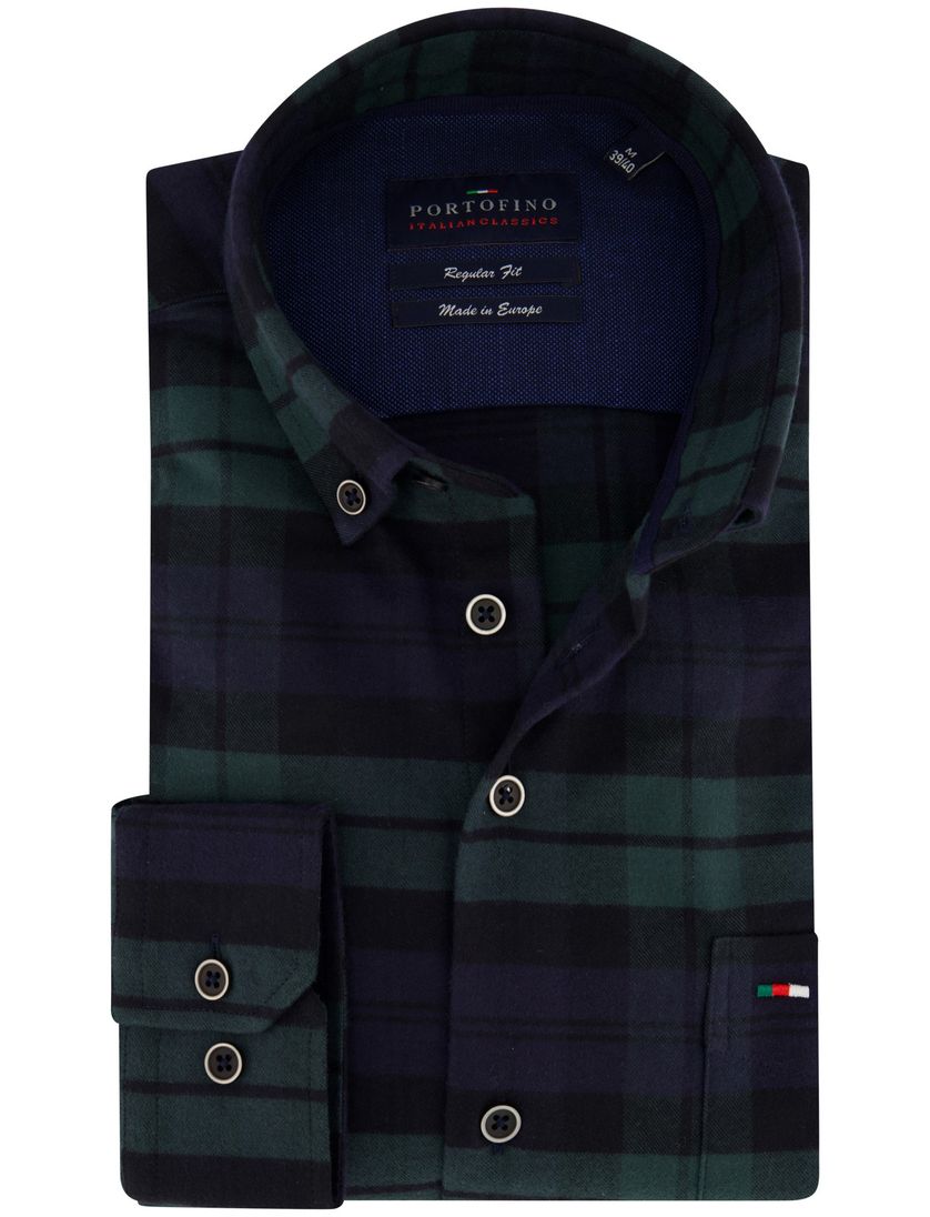 Portofino casual overhemd wijde fit donkerblauw geruit flannel katoen