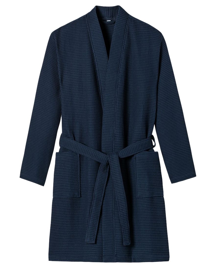 Schiesser badjas donkerblauw wafelkatoen Essentials