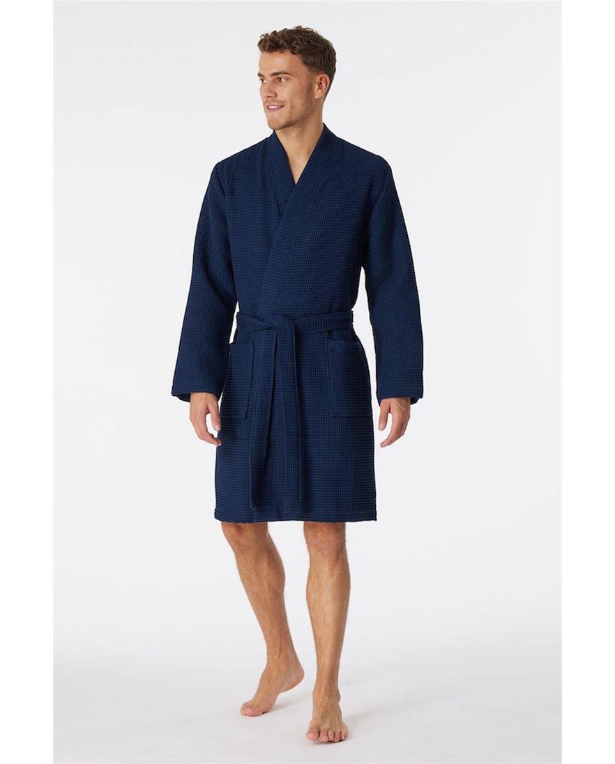 Schiesser badjas donkerblauw wafelkatoen Essentials