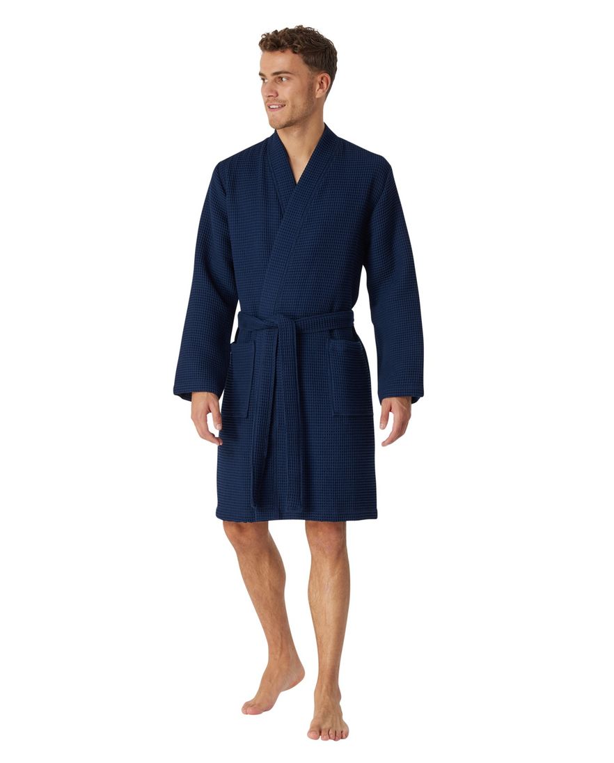 Schiesser badjas donkerblauw wafelkatoen Essentials