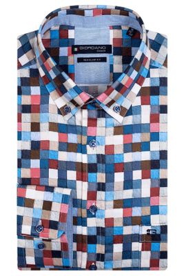 Giordano Giordano casual overhemd wijde fit blauw geruit katoen met borstzak