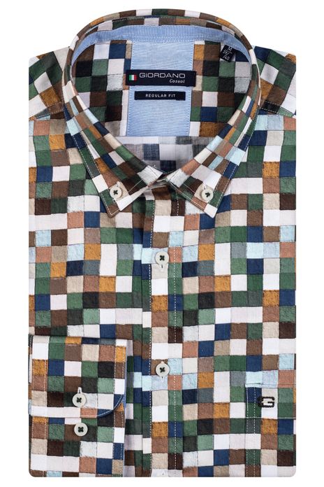 Giordano overhemd wijde fit groen bruin geruit katoen