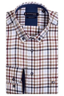 Giordano Giordano casual overhemd wijde fit bruin geruit 100% katoen met borstzak