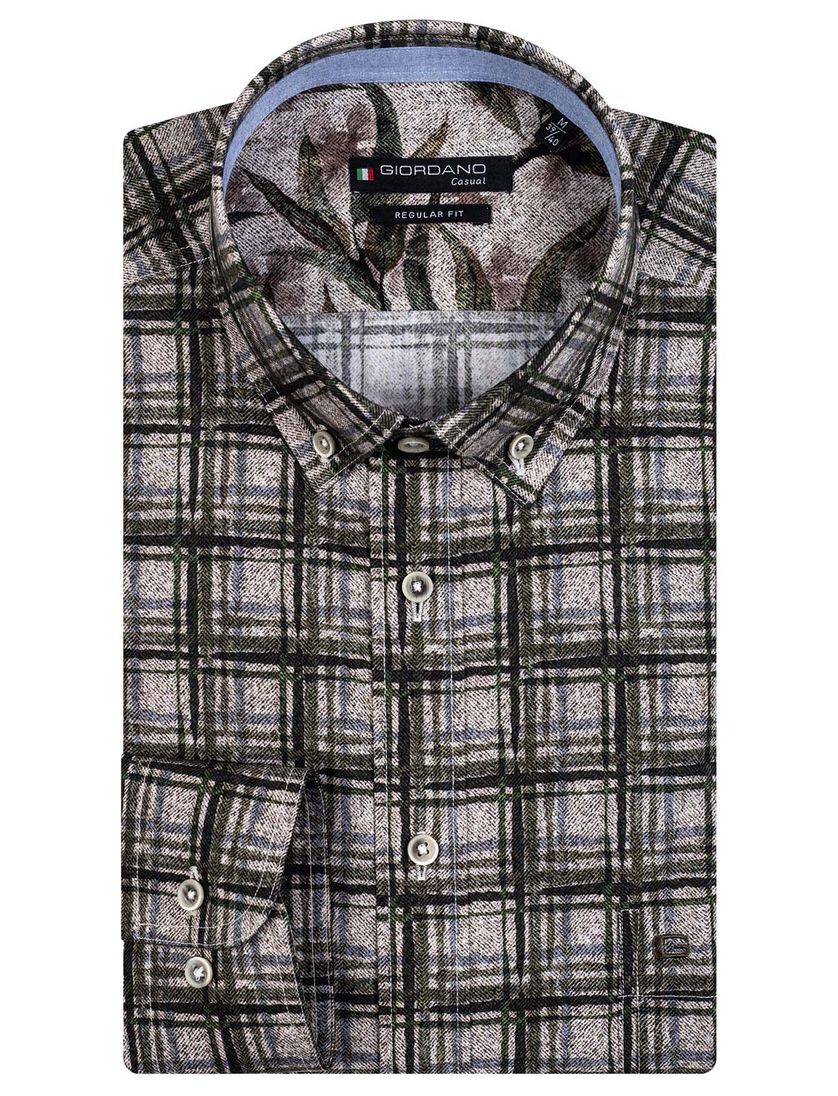 Giordano casual overhemd wijde fit groen geruit katoen met borstzak