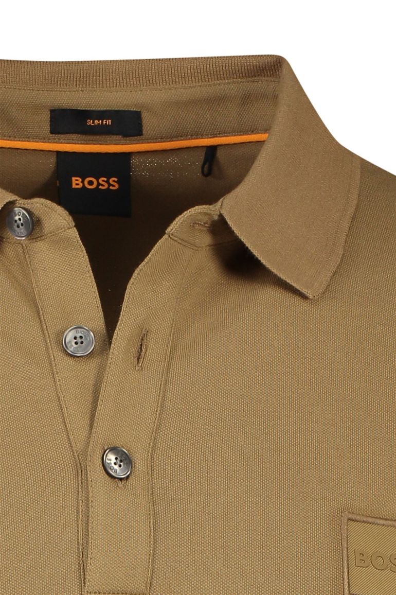Hugo Boss polo Passerby slim fit bruin effen katoen zilveren knopen