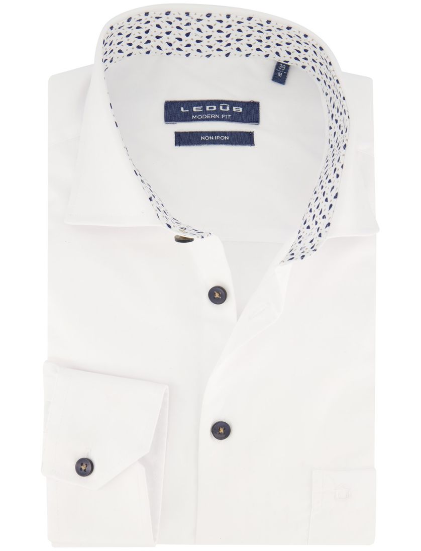Ledub zakelijk overhemd normale fit wit effen katoen borstzak