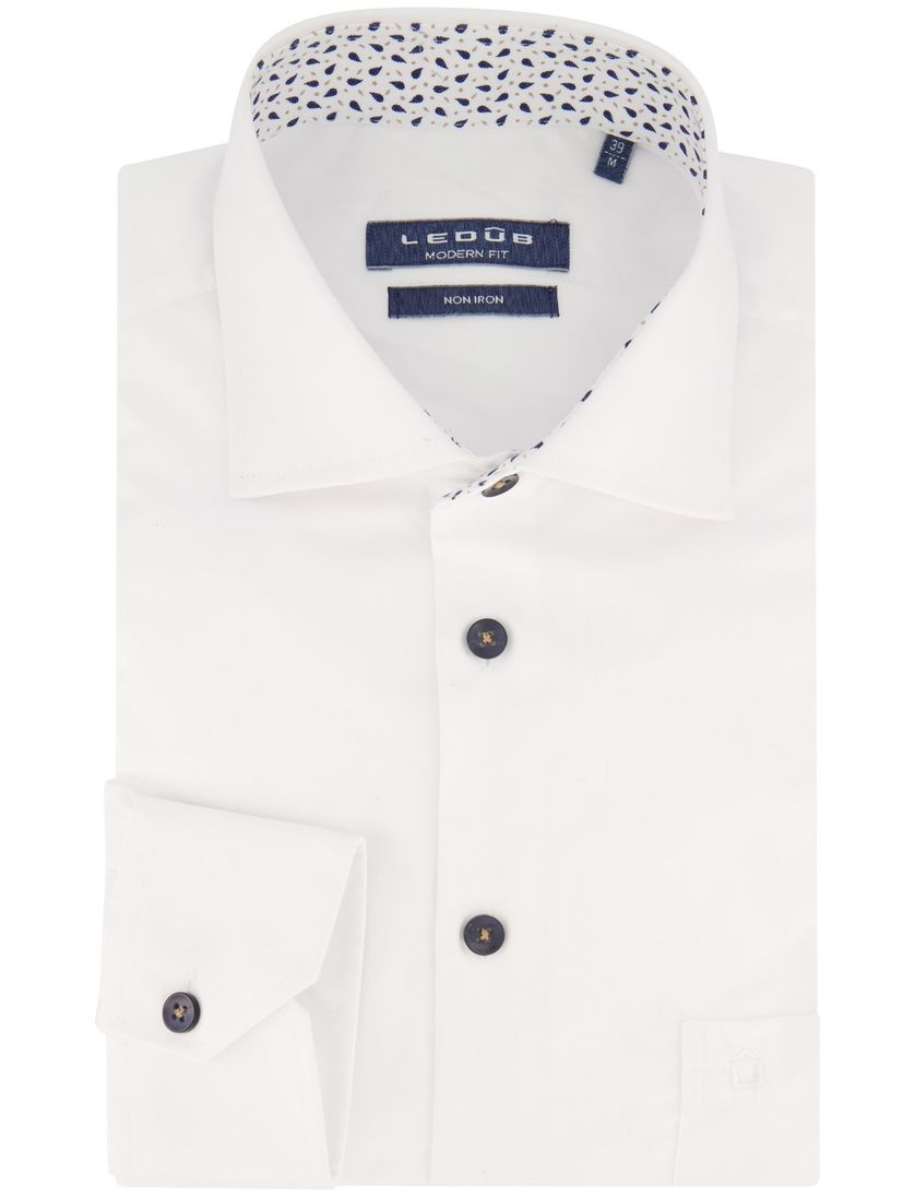 Ledub zakelijk overhemd normale fit wit effen katoen borstzak