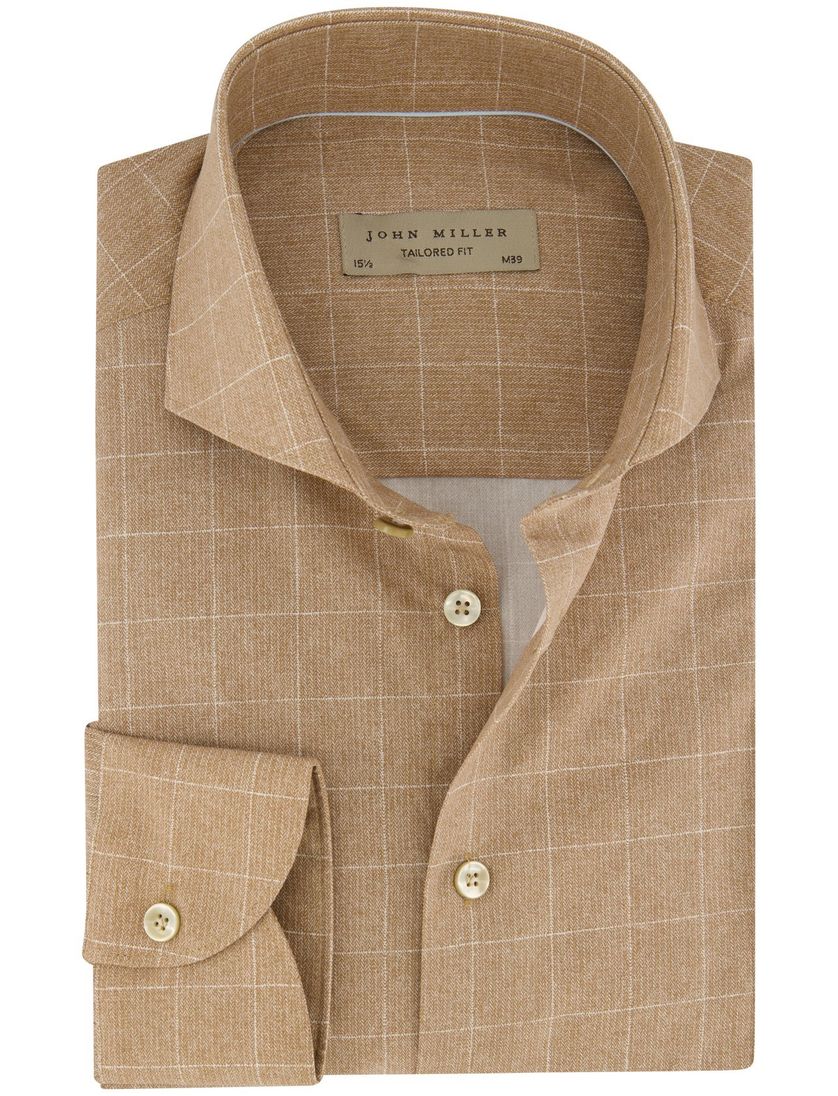 Katoenen John Miller overhemd bruin geruit Tailored Fit