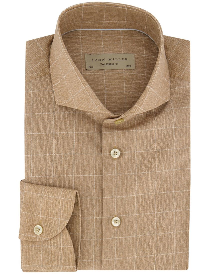 Katoenen John Miller overhemd bruin geruit Tailored Fit
