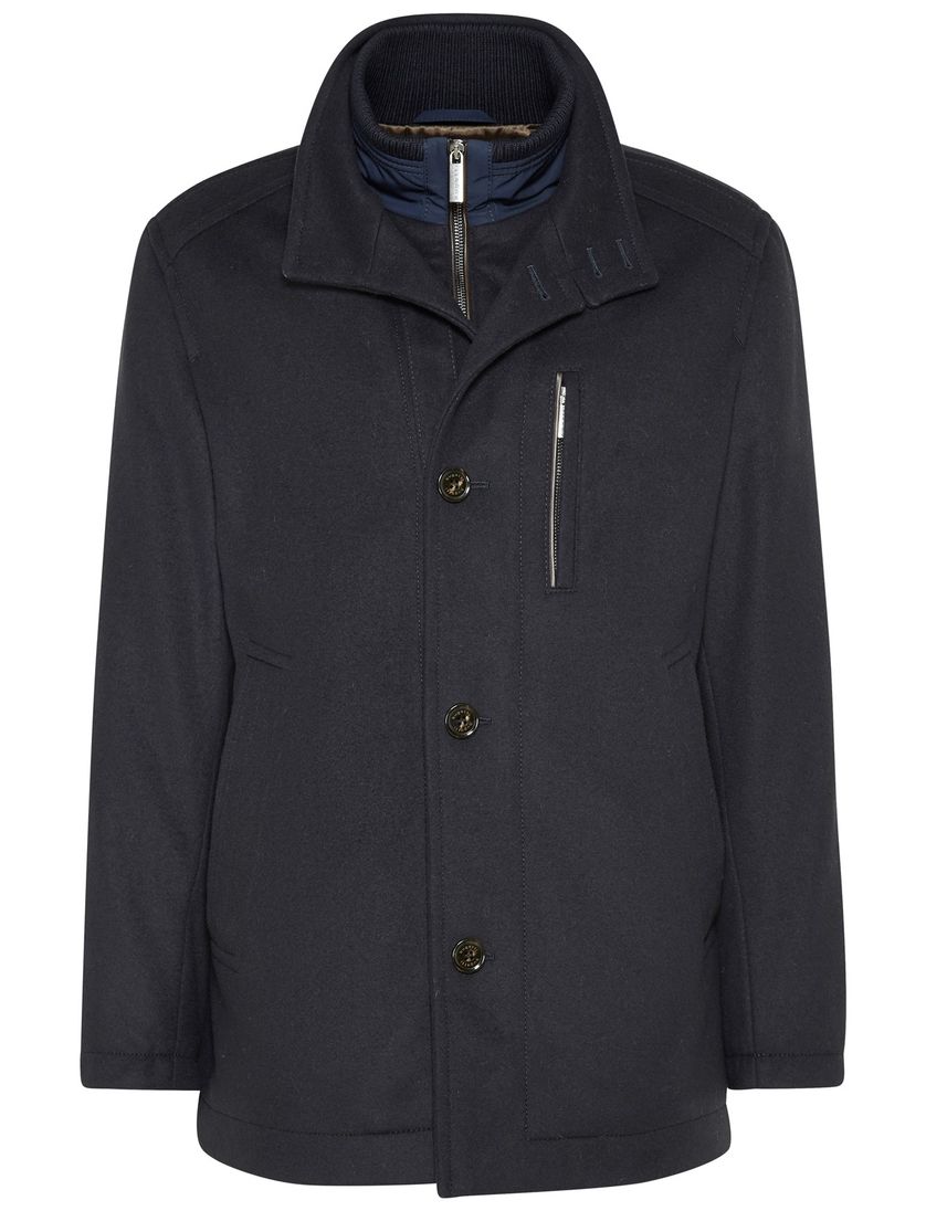 Bugatti halflange winterjas donkerblauw effen rits + knoop wijde fit wol