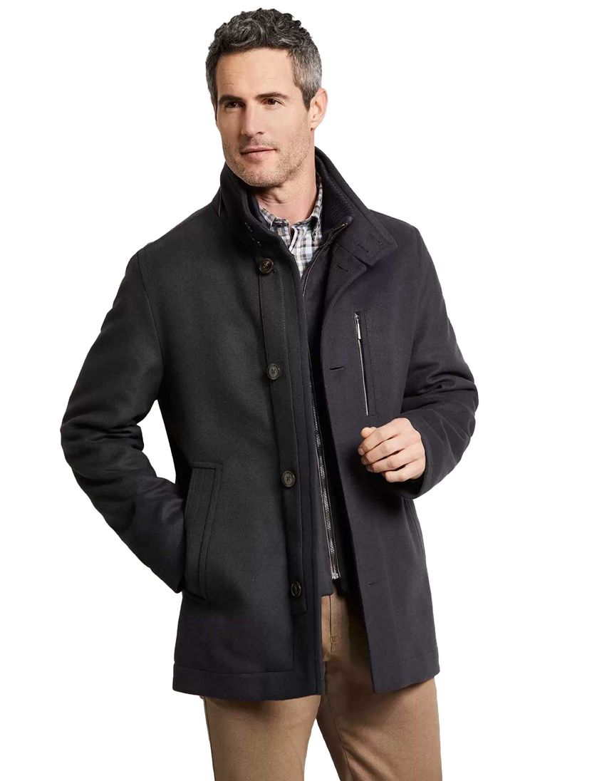 Bugatti halflange winterjas donkerblauw effen rits + knoop wijde fit wol