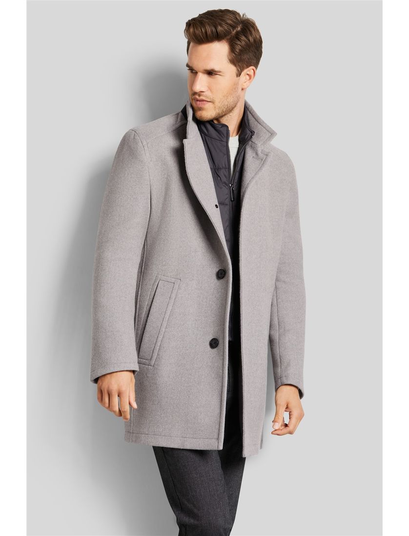 Bugatti lange winterjas grijs effen rits + knoop wijde fit