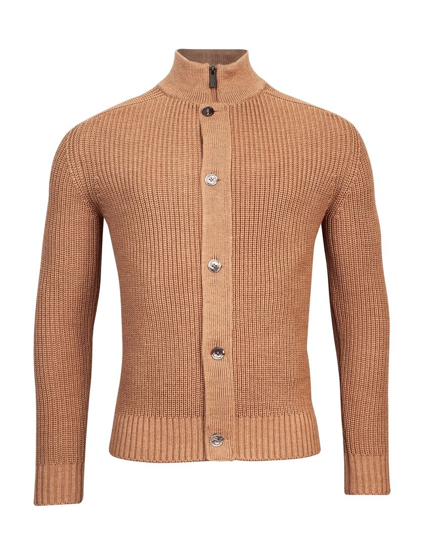 vest Thomas Maine opstaande kraag camel knopen effen merinowol