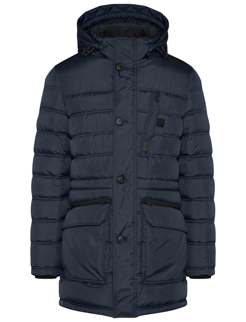Bugatti lange winterjas donkerblauw effen rits + knoop wijde fit