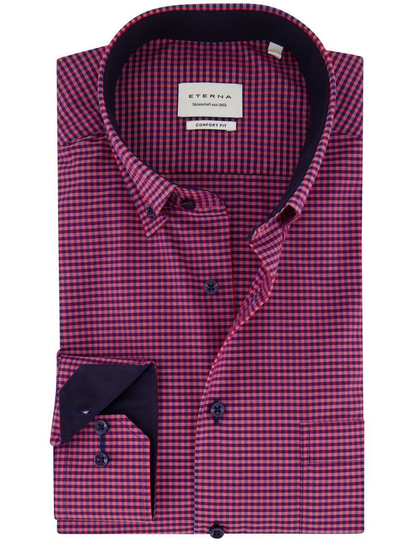 Eterna casual overhemd Comfort Fit roze blauw geruit katoen