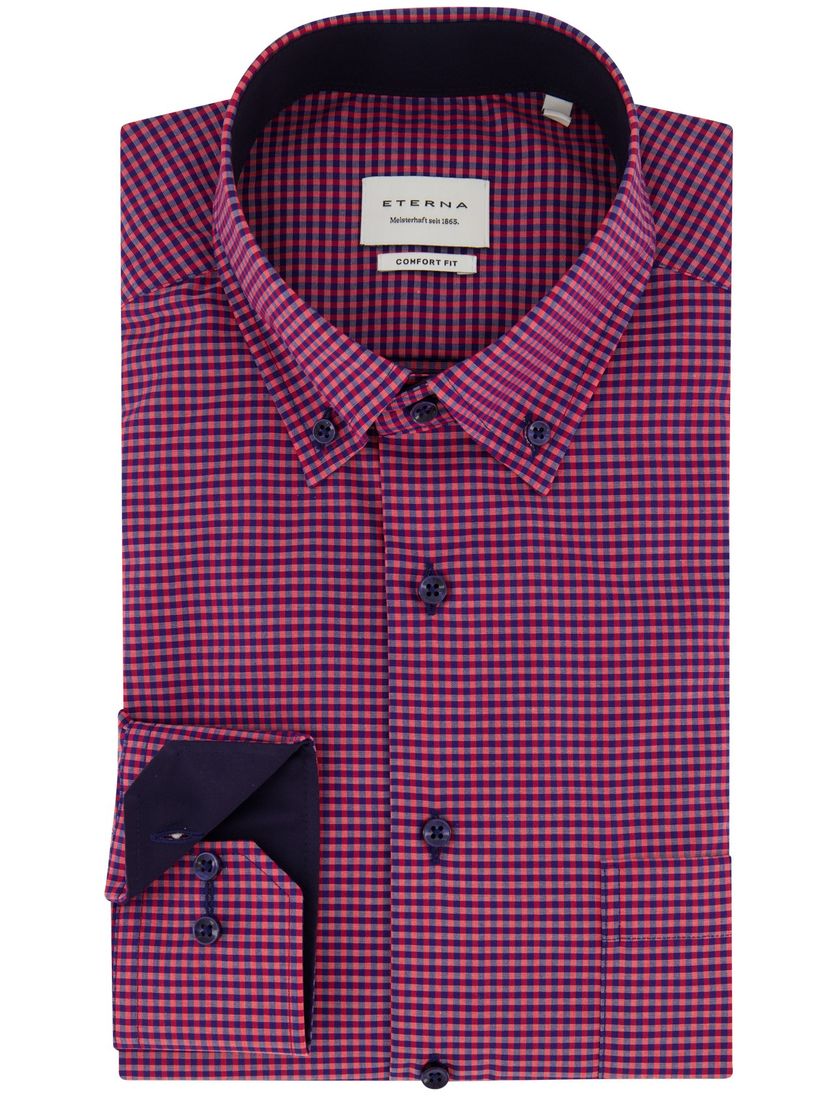 Eterna casual overhemd Comfort Fit roze blauw geruit katoen