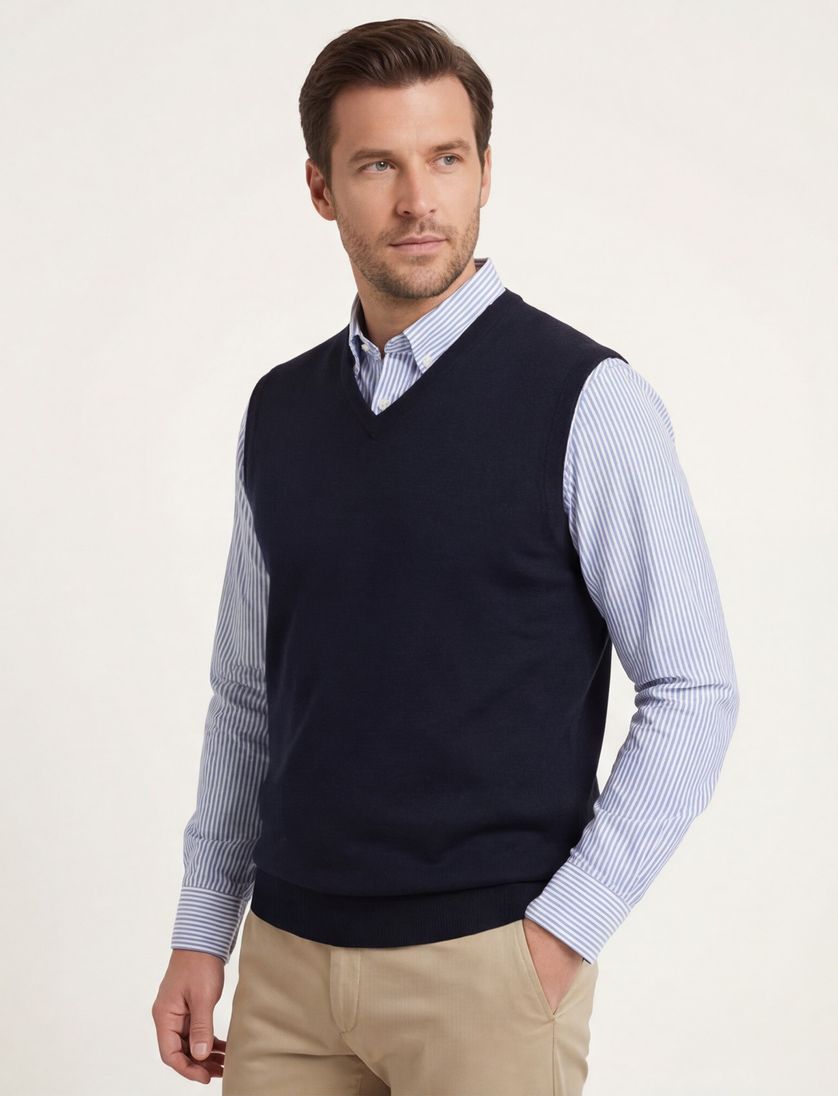 Slipover Casa Moda v-hals donkerblauw effen katoen