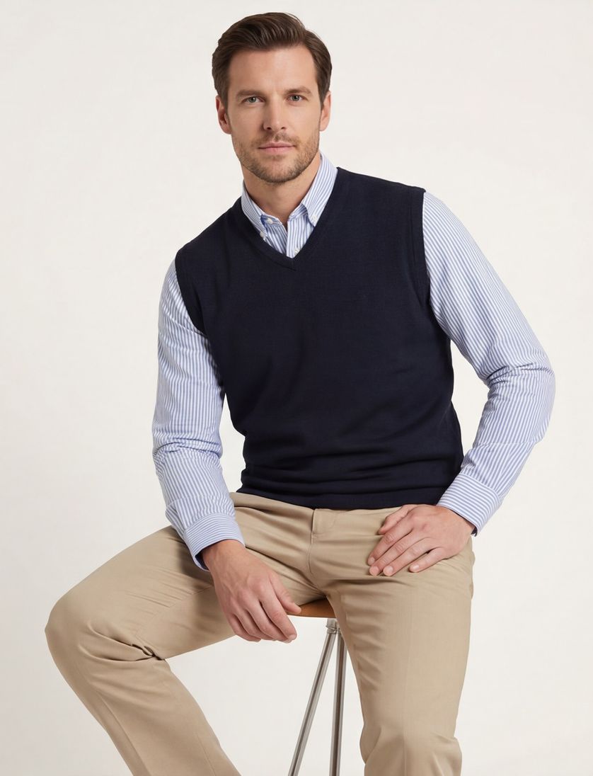 Slipover Casa Moda v-hals donkerblauw effen katoen